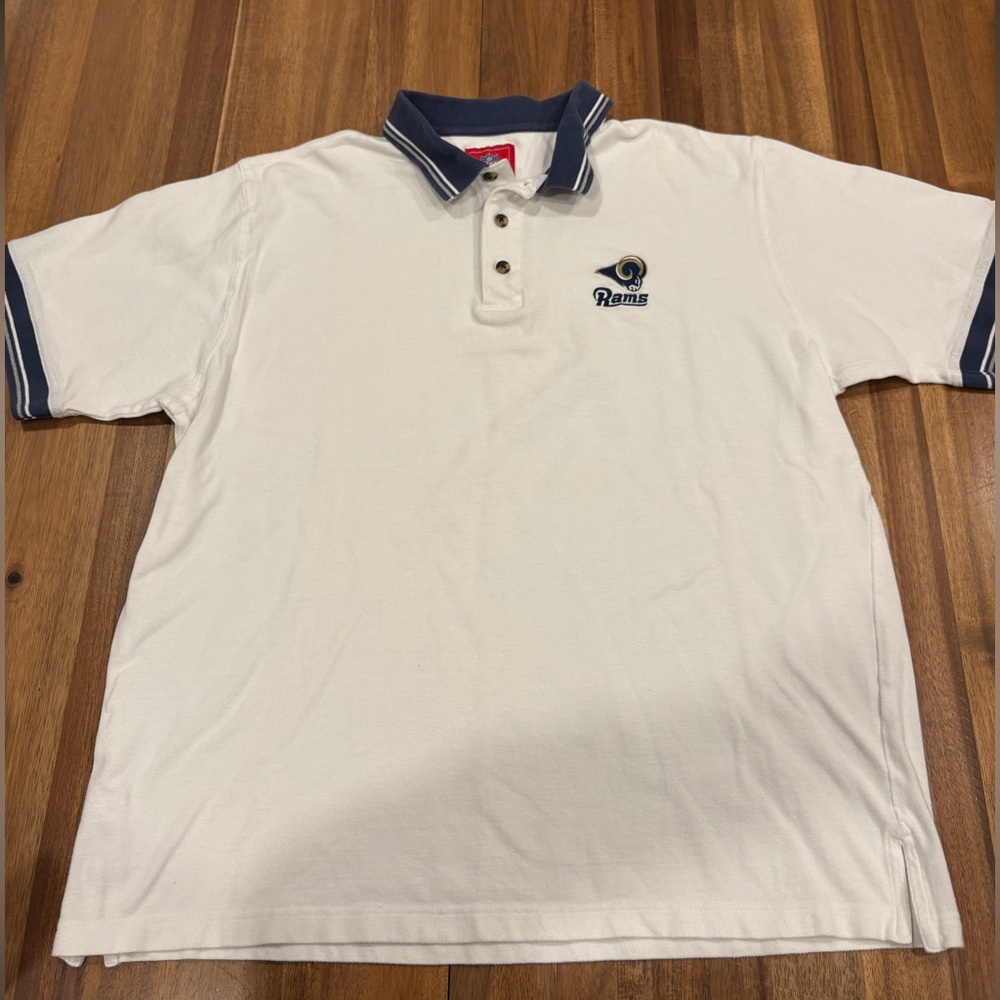Vintage 90’s NFL St. Louis Rams Polo Shirt XL White Blue Embroidered Logo